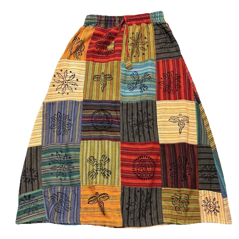 Patchwork Striped Midi Skirt Size S Boho Hippie Retro‎ 100% Cotton Made in Nepal